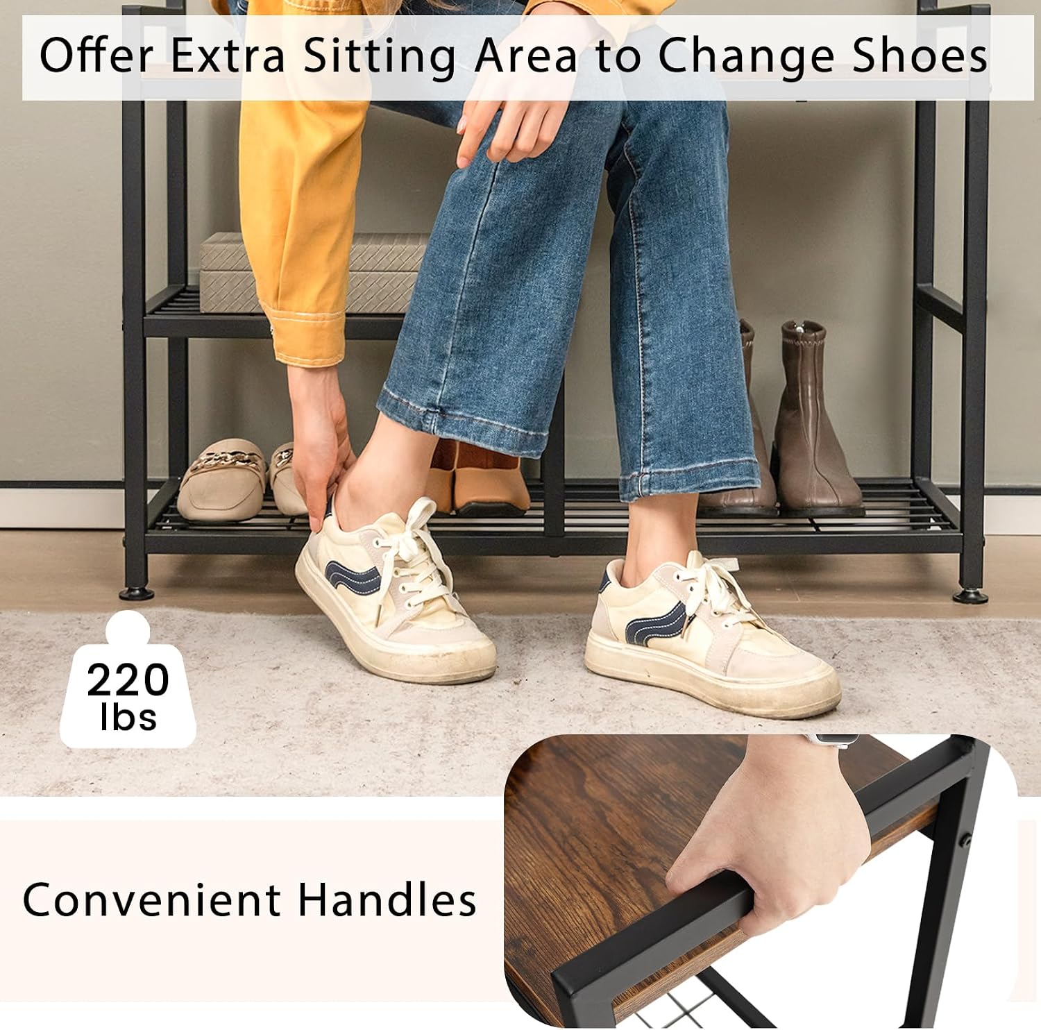 Tangkula Coat Rack Shoe Bench, 3-in-1 Industrial Hall Tree w/Storage Bench & 9 Hanging Hooks, 3-Tier Wood Look Entryway Bench w/Metal Frame, Adjustable Foot Pads for Dorm, Apartment, Hall, Brown