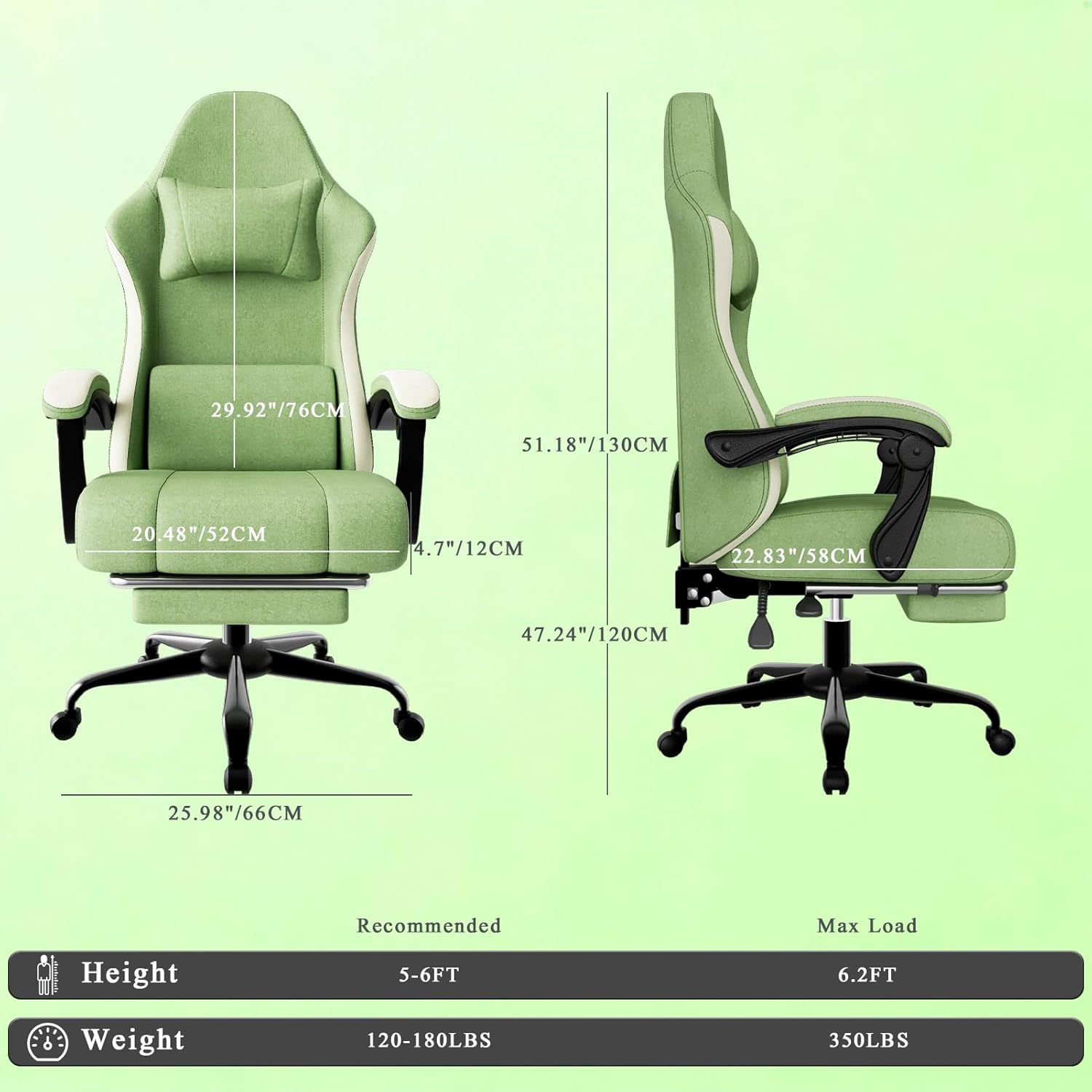 Gaming Chair, High Back Fabric Game Chair with Pocketed Spring Cushion and Footrest, Height Adjustable Computer Chair for Adults (Green)