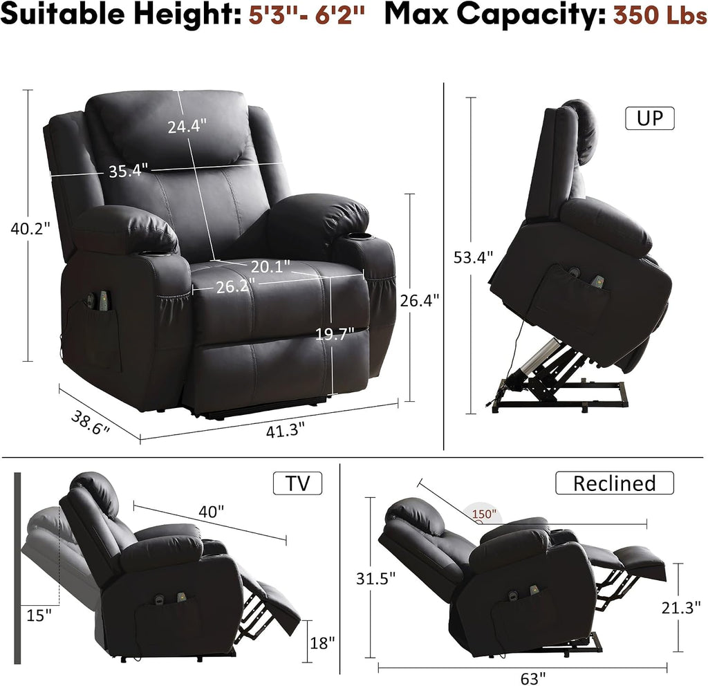 Korser Oversized Power Lift Recliner Chair with Massage and Heat for Elderly, 26" Overstuffed Wide Electric Recliner with 2 Side Pockets, Cup Holders, Lift Chair for Living Room, Faux Leather, Black