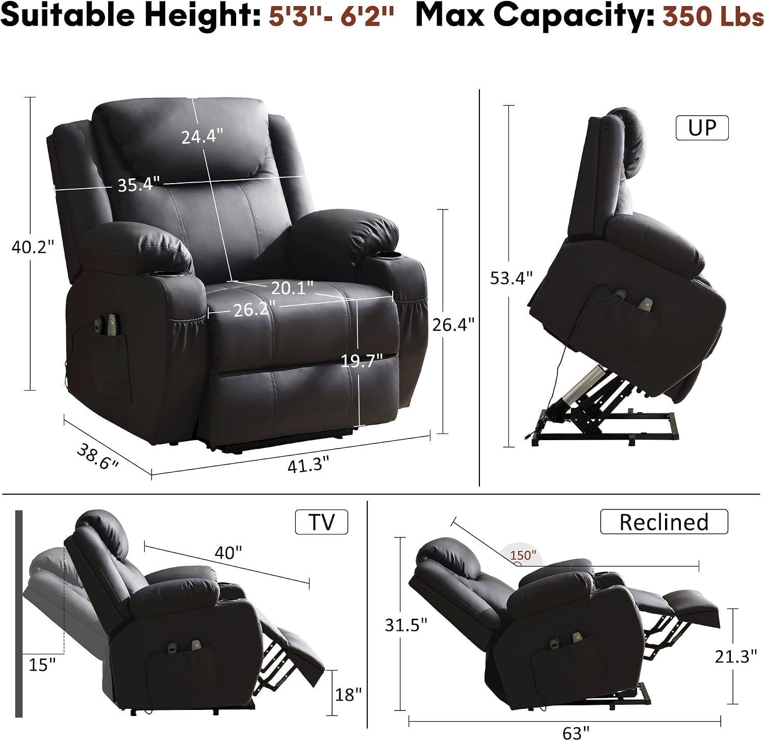 Korser Oversized Power Lift Recliner Chair with Massage and Heat for Elderly, 26" Overstuffed Wide Electric Recliner with 2 Side Pockets, Cup Holders, Lift Chair for Living Room, Faux Leather, Black