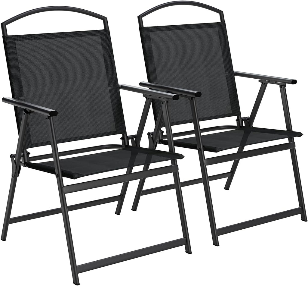 SWITTE Folding Patio Chairs Set of 2, Outdoor Dining Chairs with Armrests, Breathable Textilene & Steel Frame for Lawn, Garden, Yard or Poolside - Black