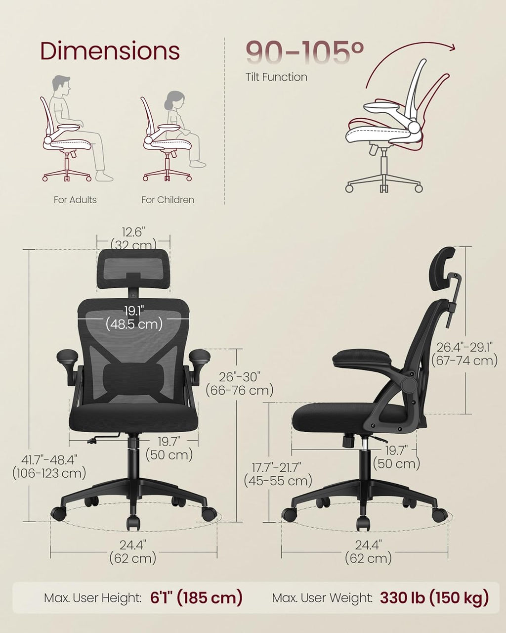 VASAGLE Ergonomic Mesh Office Chair with Adjustable Lumbar Support and Headrest, 90-105° Tilt Function, Wide Seat, Flip‑Up Armrests, Computer Desk Chair for Home Office, Ink Black UOBN044BH01S