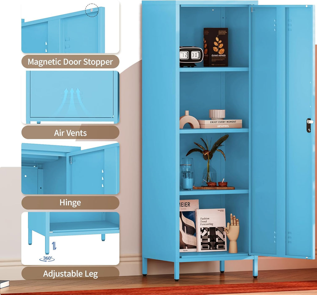 Metal Locker Storage Cabinets 59.06"H Sky Blue Locking File Cabinets Kitchen Food Pantry Cabinet with 2 Doors and Shelves for Dining Room, Living Room,Bathroom Office,Home,Garage, Gym, School