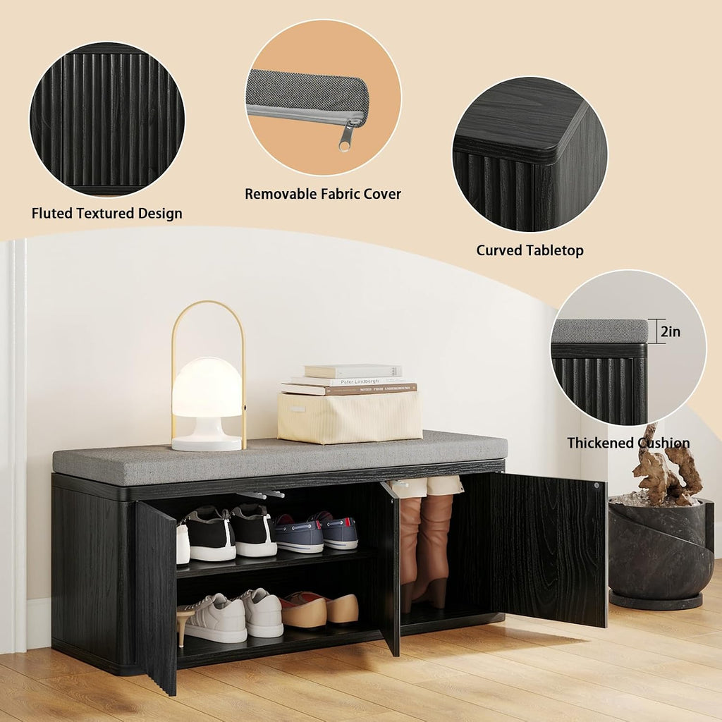 2-Tier Shoe Storage Bench with Cushion, 41.3" Entryway Bench with Padded Seat Cushion, Hidden Shoe Cabinet Storage for Hallway, Living Room, Bedroom,Black