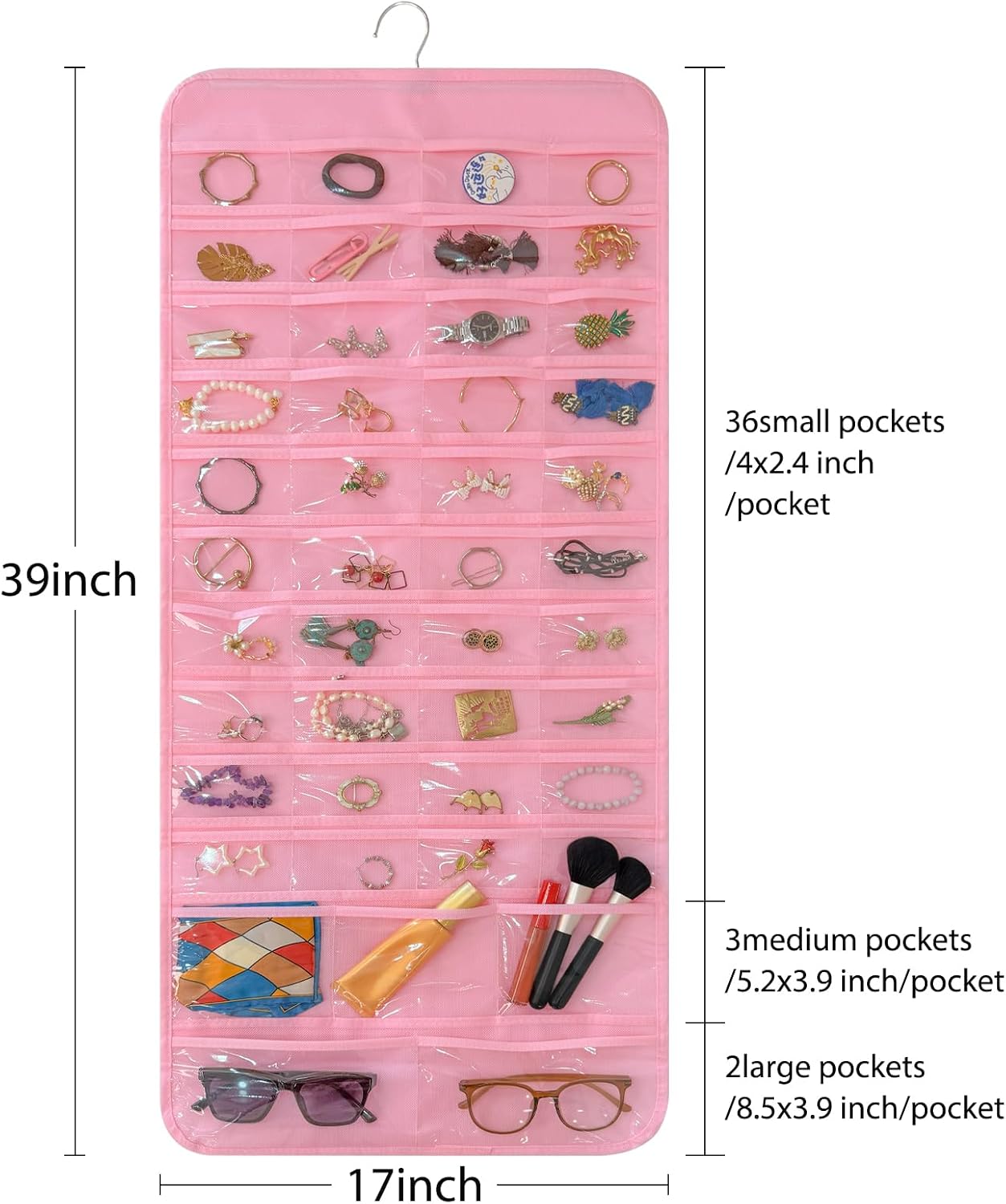 Bloss Pinck Hanging Jewelry Organizer With 90 Pockets for Closet, Earring Holder Organizer Storage, Over The Door Jewelry Organizer, Double-Sided Jewelry Holder for Earrings,Necklaces,Rings