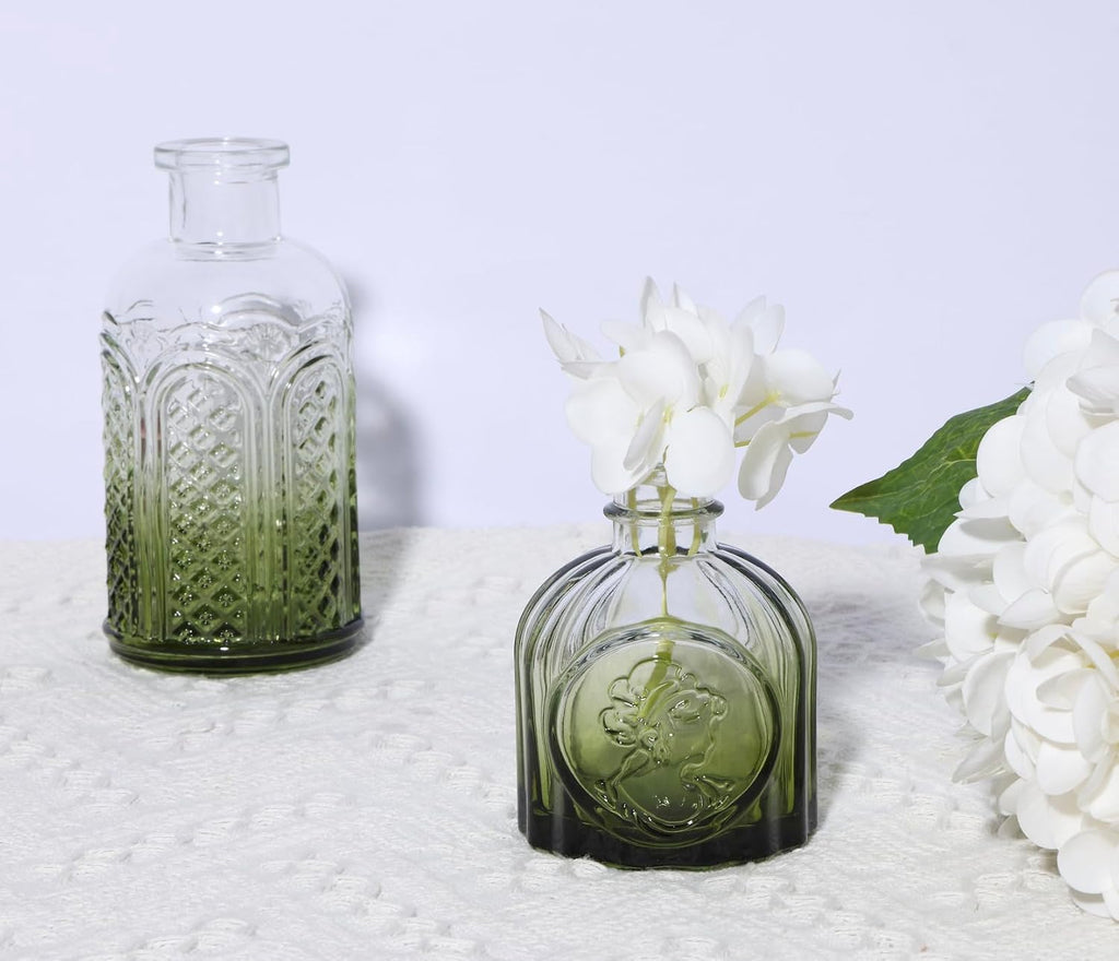 18pcs Green Glass Bud Vase Set, Small Flower Vases for Centerpieces in Bulk, Mini Vintage Vase for Home, Wedding, Table Decor