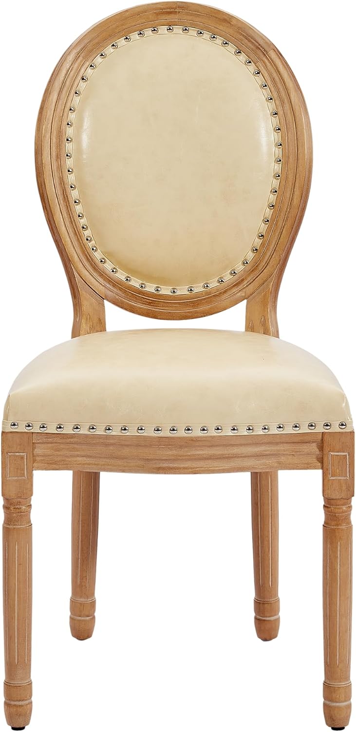 Leather Dining Chairs Set of 4 French Country Dining Chairs with Round Back, Farmhouse Upholstered Dining Accent Chairs with Nailhead Trim, Mid Century Modern (Beige)