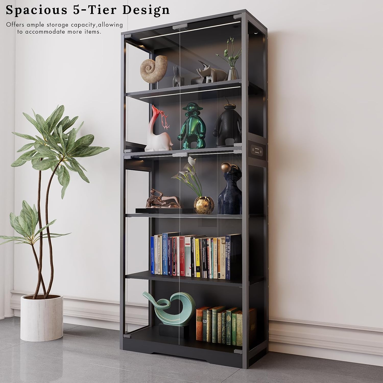Display Cabinet with Glass Doors, 5-Tier 65" Glass Display Cabinet with LED 3-Color Lights & Human Body Sensor, Curio Cabinet with Textured Wood Shelves for Collectibles,Black Iron Frame