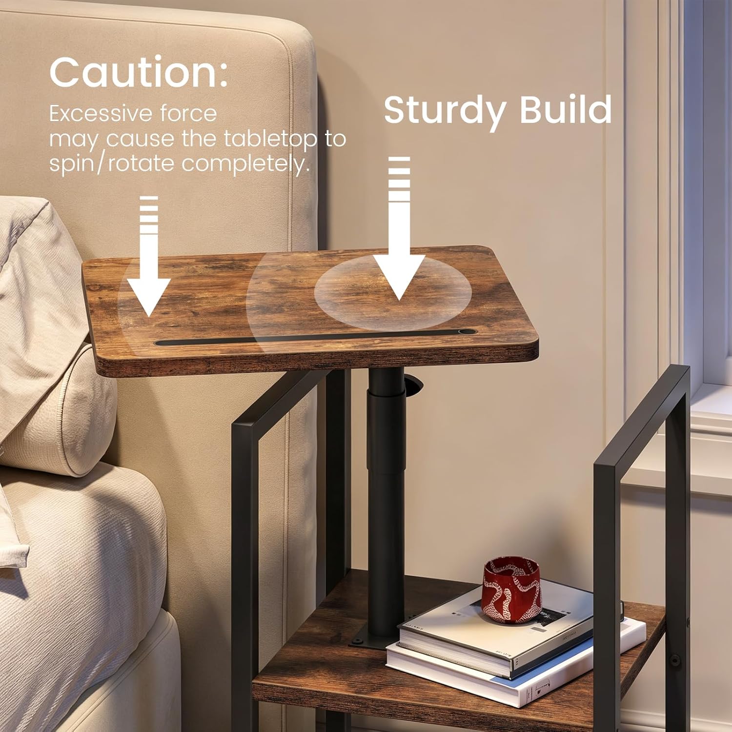 CHOEZON 360° Swivel Height Adjustable Side Table with Swivel Tabletop, 3-Tier End Table for Small Space, Nightstand with Storage, for Couch, Living Room, Bedroom, Rustic Brown and Black TBZ22BF