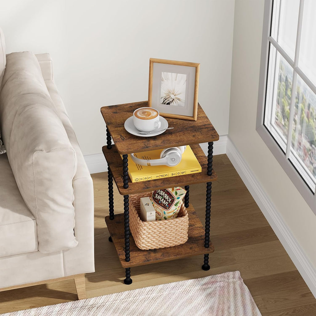 YINMIT Side Table,3-Tier End Table with Metal Legs,Open Storage Nightstand | Small Side Table,Safe Rounded Corners,Adjustable Feet,Vintage Spindle Design For Small Place Bedroom Living Room Office