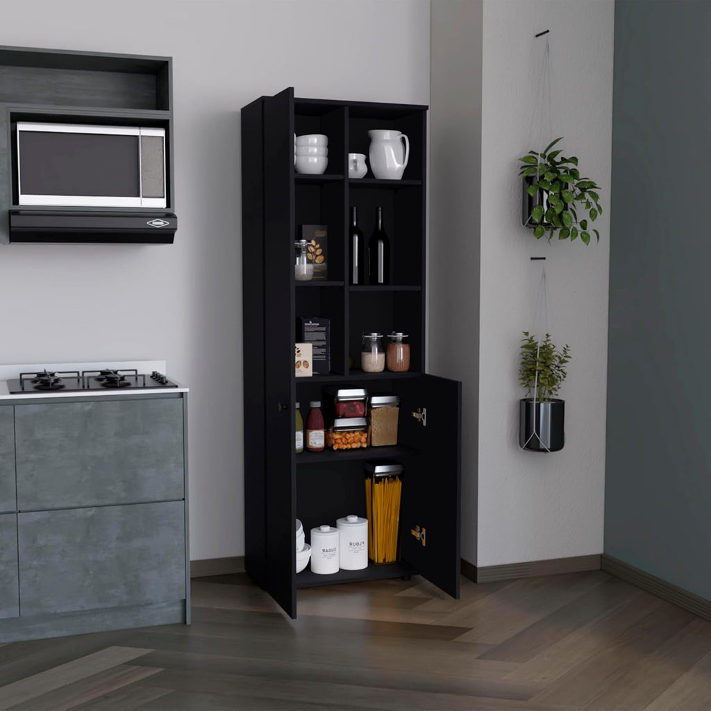 Riner 67" Slim Pantry Cabinet, 5-Tier Storage Shelves with Doors for Kitchen Organization, Black