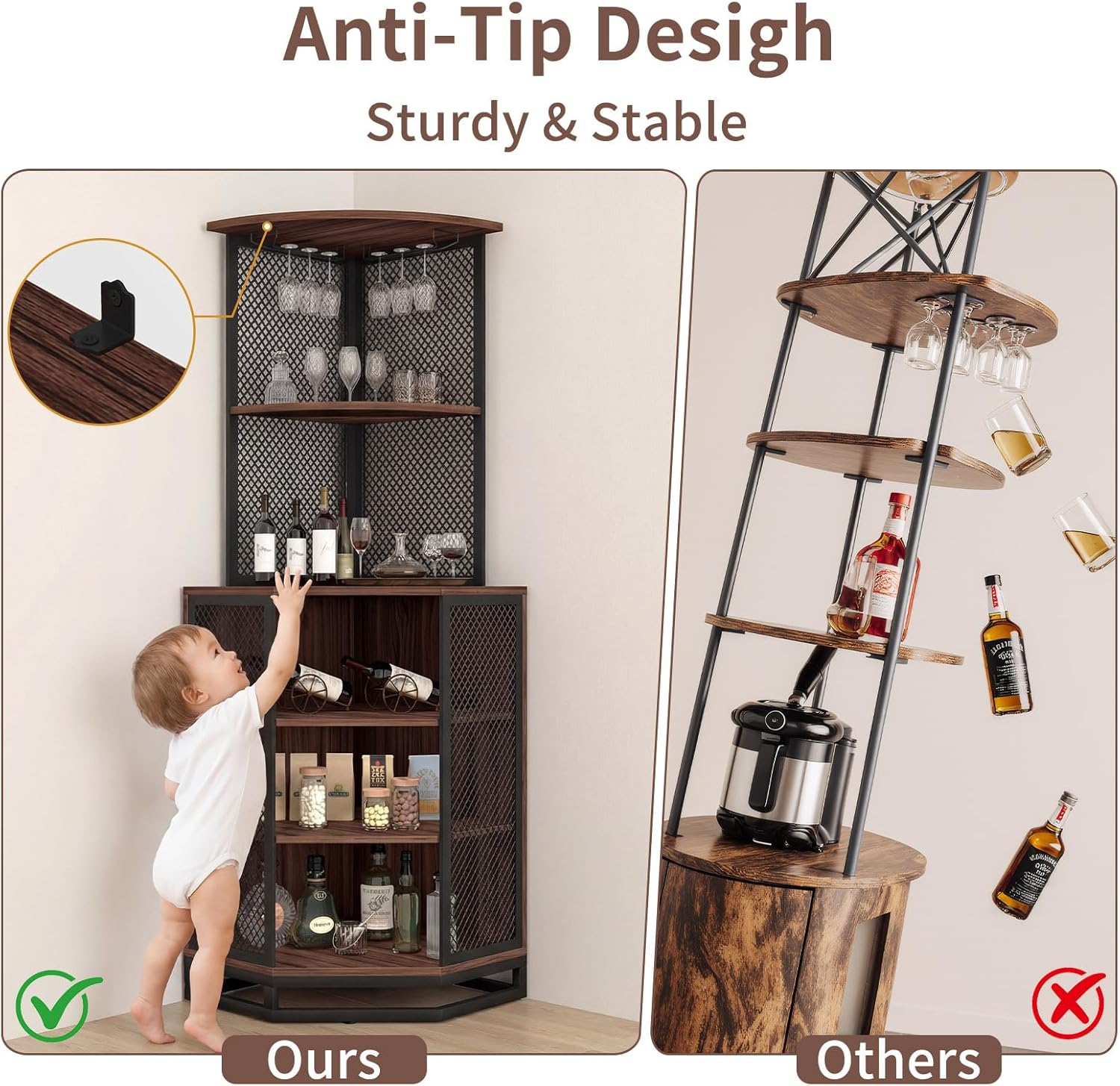 IBF Corner Bar Cabinet 71" Tall Wine Display with Glass Holder, Sturdy 5-Tier Industrial Farmhouse Liquor Storage with Adjustble Shelf，Anti-Tipping Design for Home Kitchen Small Space, Rustic Brown