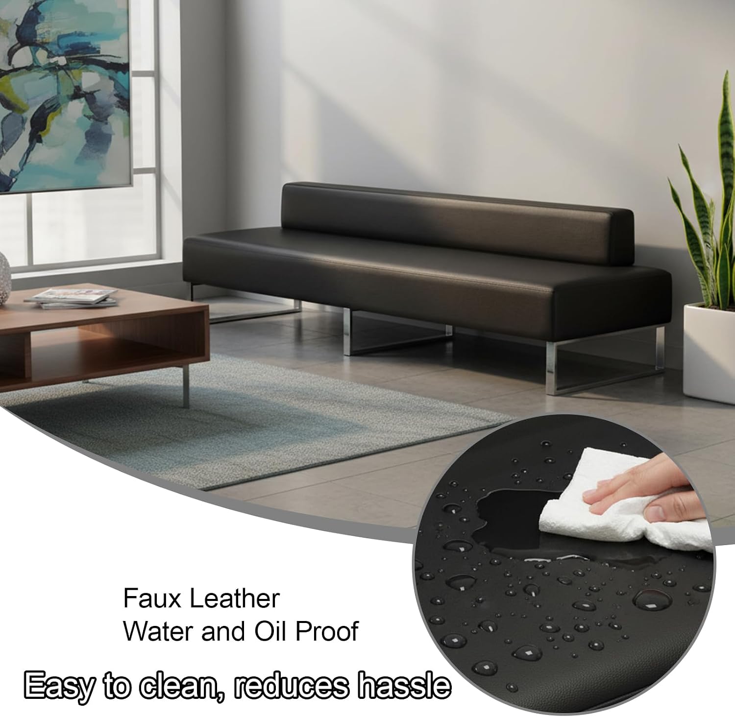 Modern Waiting Room Bench with Backrest Upholstered Office Guest Chair Metal Frame Reception Seating for Lobby Salon Airport Bank and Conference Room Black Frame 17" Dx47 Wx17 H