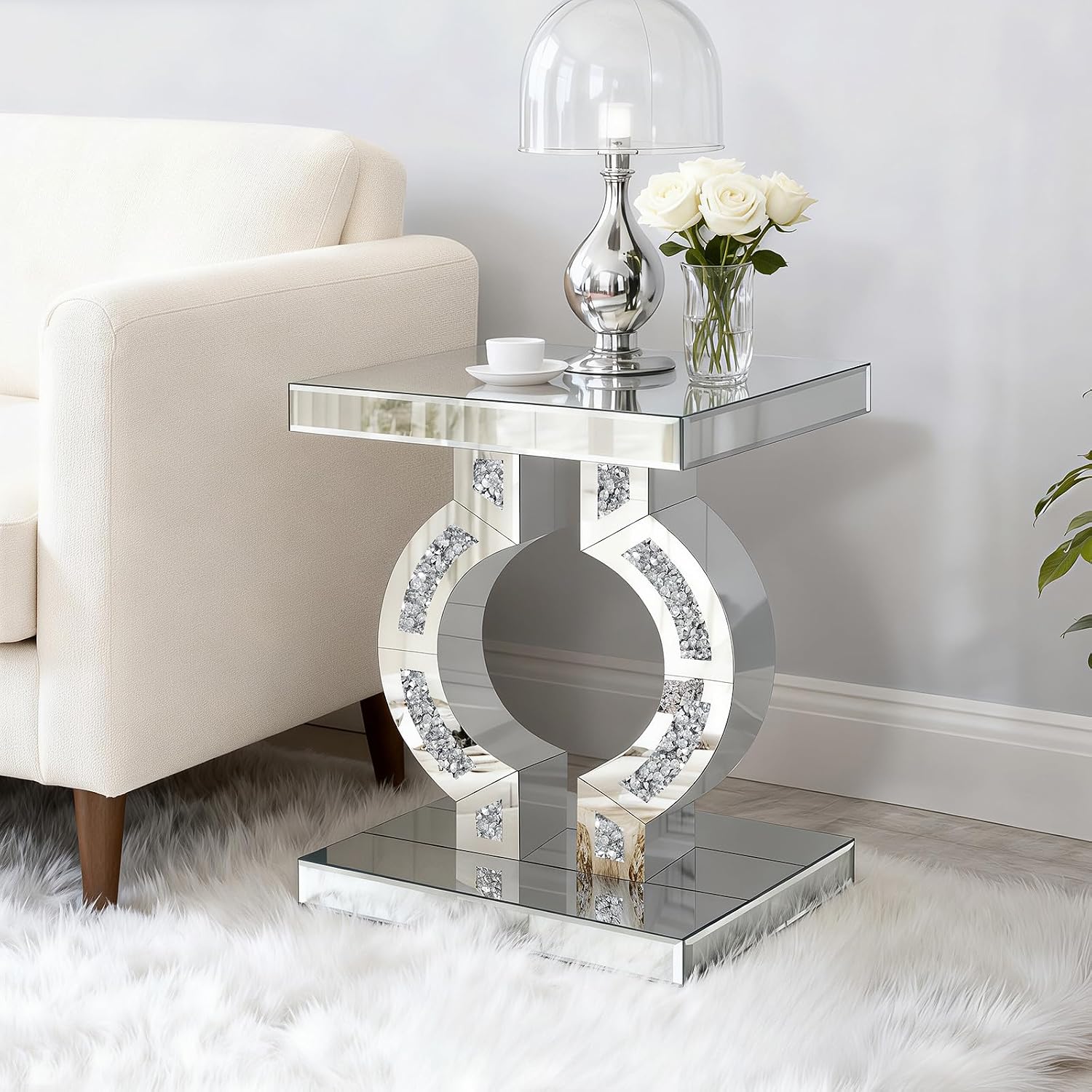 Crushed Diamond Mirrored End Table, Silver Side Accent Table, Small Mirrored Coffee Table for Living Room, Bedroom, 16"x12"x23"