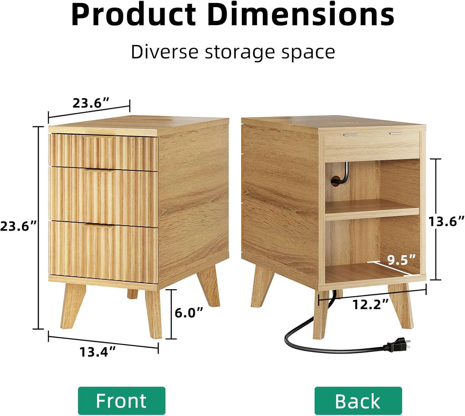 Kalrin Charging Nightstand with Hidden Outlets & 3 Drawers, Modern End Table, Bedside Table with USB Ports, Wave Groove Design, Compact Size, Heavy Duty Engineered Wood, Natural Wood Color
