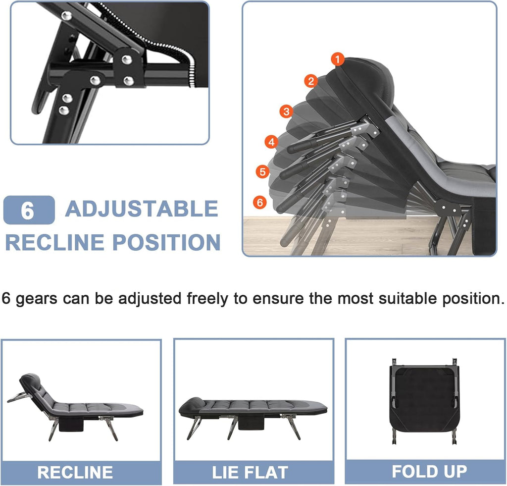 Folding Lounge Chairs for Outside, Portable Camping Cot, 6-Position Chaise Lounge Chairs with Side Pocket and Mattress, Heavy Duty Chaise Lounges for Outdoor Patio Balcony Beach (Black)
