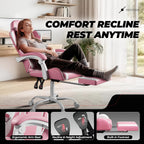 Auto Dynasty Ergonomic Gaming Chair, High-Back Office Chair w/Adjustable Lumbar Support, Linkage Armrest, Headrest & Footrest, 350LBS Recliner Swivel Computer Game Racing Chair, Pink/White