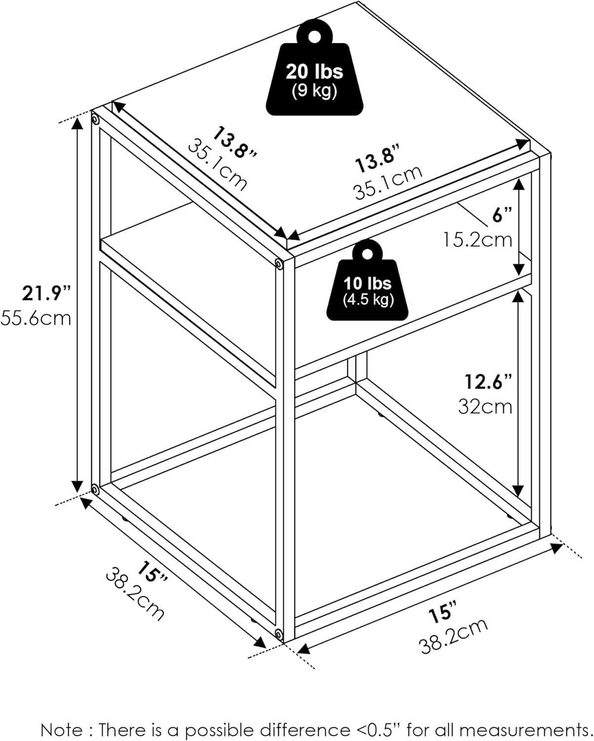 Furinno Moretti Side Table, 2-Tier Stackable Metal Frame End Table with Open Shelf, Night Stand, Bedside Table, Toolless Assembly, for Living Room, Bedroom, Solid White