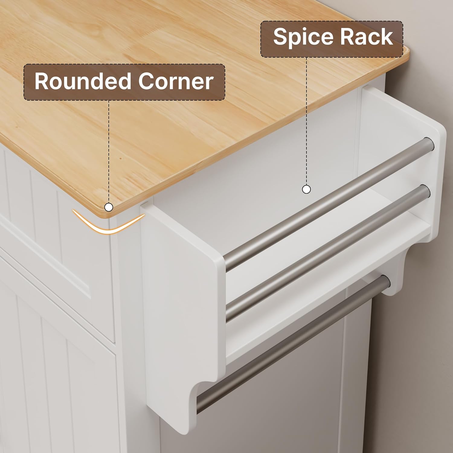 Gizoon Kitchen Island Cart with Adjustable Shelf | Drawer & Storage Cabinet, Spice Rack & Towel Rack, for Dining Room, Bar, White, Tabletop-oak color