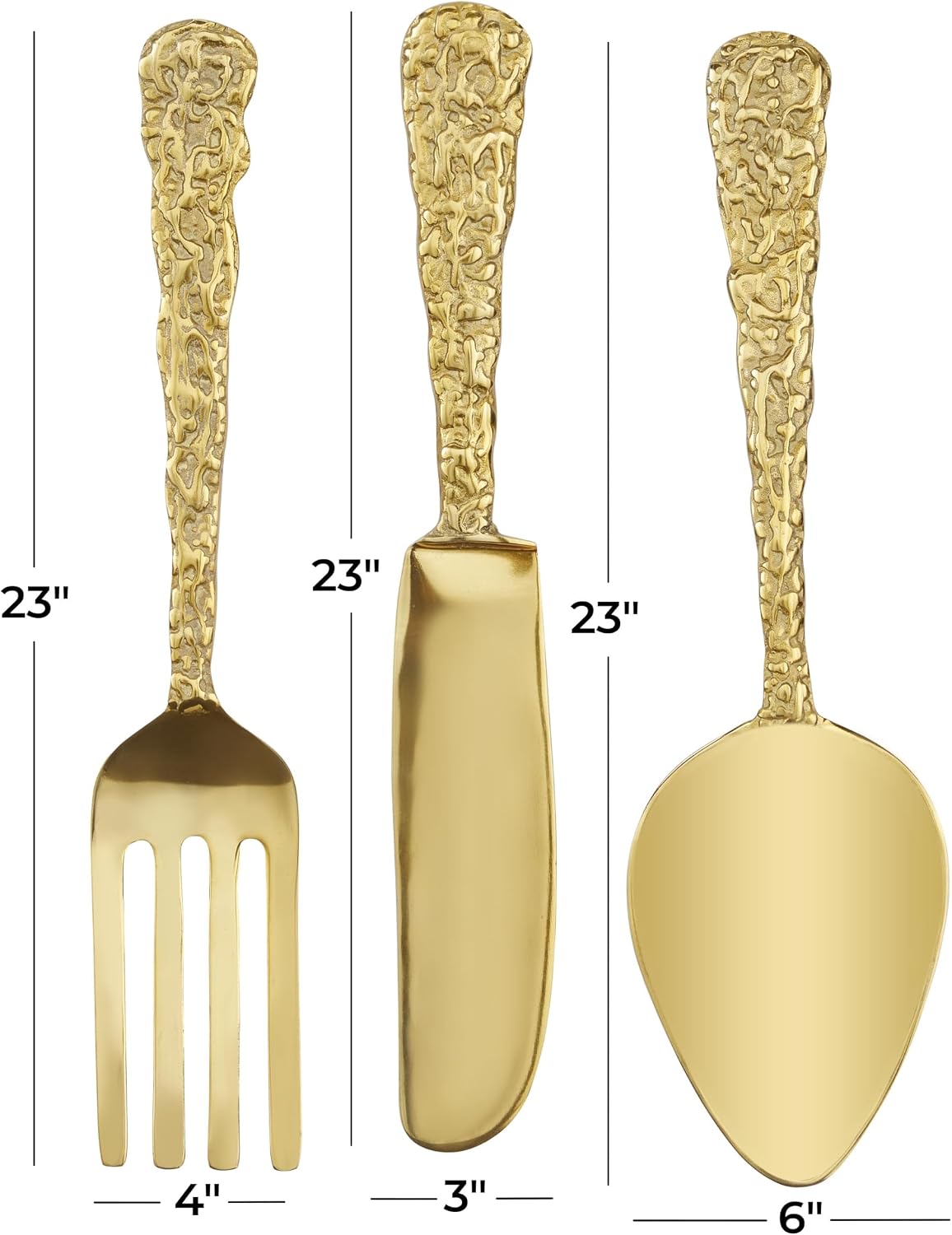 Deco 79 Aluminum Metal Utensils Home Wall Decor Knife, Spoon and Fork Wall Sculpture, Set of 3 Wall Art 6"W, 23"H, Gold