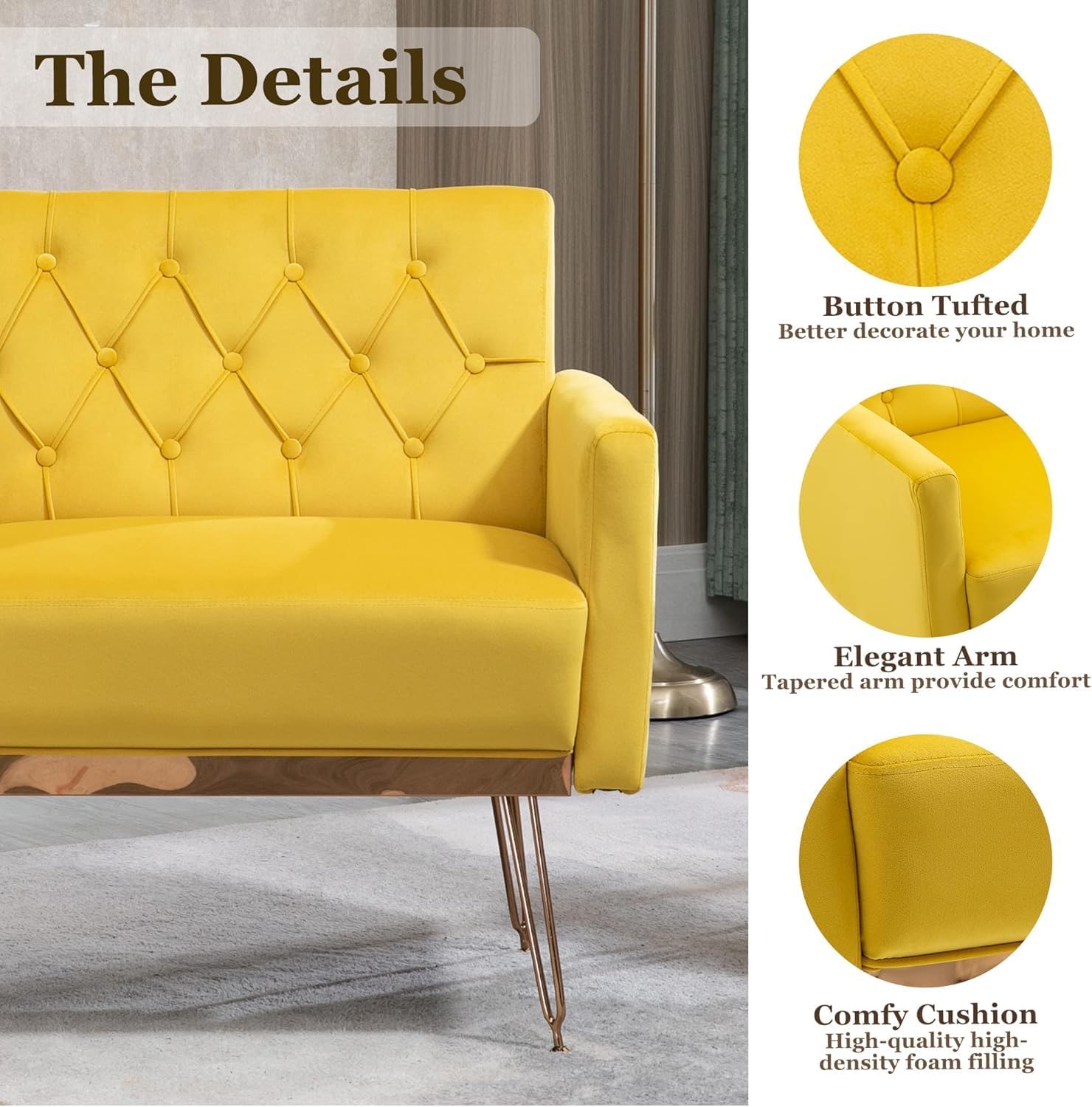 Olela Velvet Accent Chair with Arm for Living Room,Modern Armchair Single Sofa Cozy Tufted Upholstered Reading Side Chairs with Gold Metal Leg for Bedroom Decorate(1, Mustard Yellow)