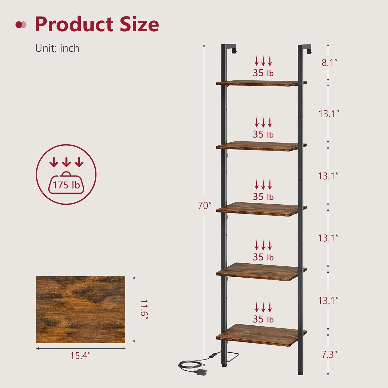 5-Tier Ladder Shelf with LED Light, Wall Mounted Bookshelf with Metal Frame, Rustic Brown — for Living Room, Bedroom or Office