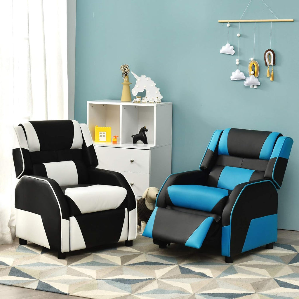 Costzon Kids Recliner, Gaming Recliner Chair w/Footrest, Headrest & Lumbar Support, Ergonomic Leather Lounge Chair for Living & Gaming Room, Adjustable Racing Style Sofa for Children Boys Girls, Blue