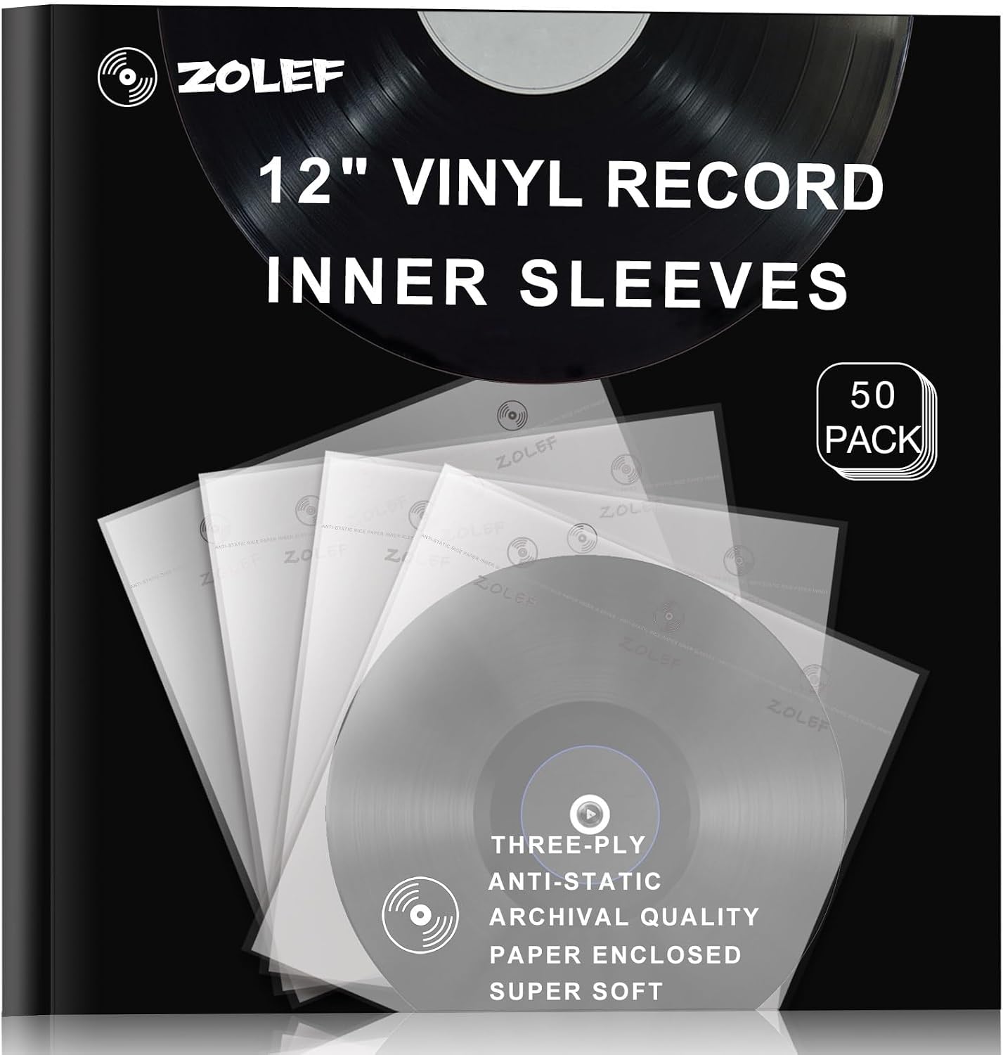 12" Vinyl Record Sleeves Inner 50 Pack, Thicker 3-Ply Anti Static Archival LP Master Style Inner Sleeve with Rice Paper for 33 RPM Records Protection