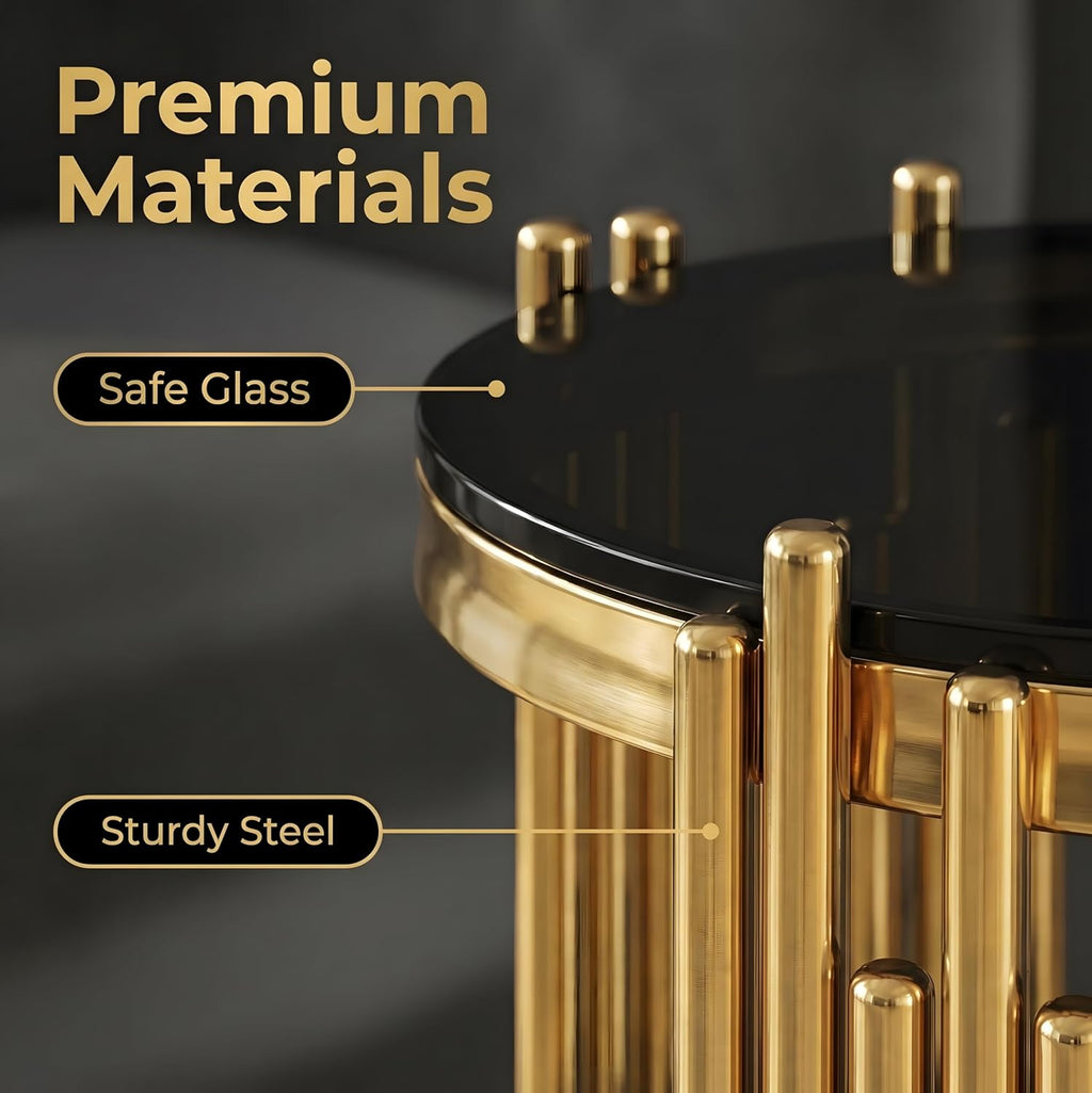 Round Glass End Table, 2-Tier Black Tempered Glass Modern 20" Gold Side Table with Storage, Stainless Steel Frame Accent Table for Small Space, Easy Clean Sofa Side Nightstand for Living Room Bedroom