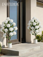 Artificial Flower Tree for Porch: 3.6ft Fake Crape Myrtle Trees Set of 2 for Outdoor Front Door Indoor Decor - White Realistic Silk Plant with Pot for Home Living Room Patio Decorations