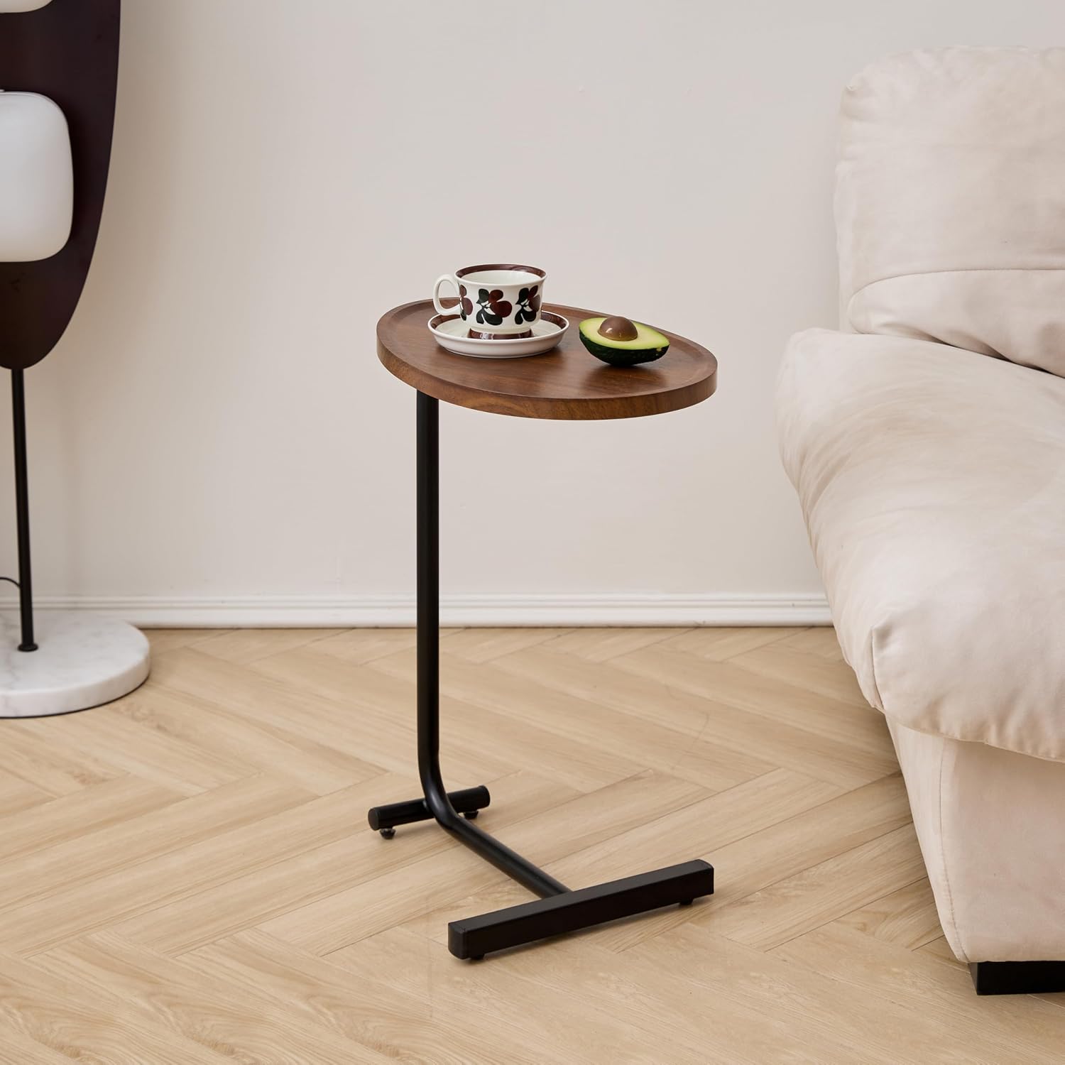C-Shaped Side Table, Modern Minimalist Wooden Tray End Table, Mobile Snack Table with Wheels for Sofa, Coffee Cup & Fruit Stand