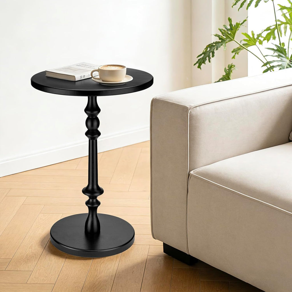 Solid Wood Round Side Table, 15.75" Small Drink Table with Non-Slip Pedestal Base, Modern End Table Accent Table for Living Room and Bedroom, Black