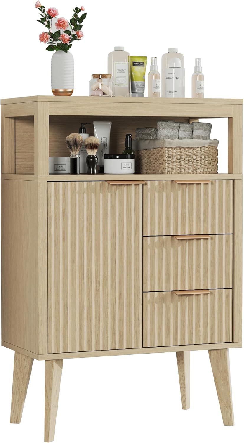 Natural Wood Bathroom Floor Cabinet with 3 Fluted Drawers & Door, Modern Storage Sideboard with Open Shelf, Coffee Bar Station for Living Room, Entryway, 23.6 x 11.8 x 34.6 Inches