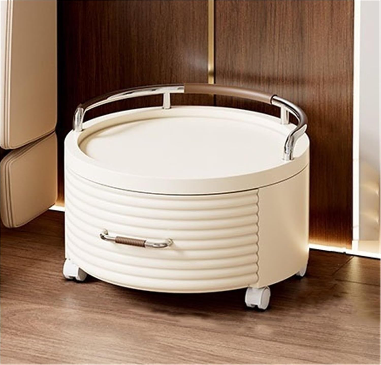 Movable Drawer Style Storage Cabinet Multifunctional Round Bedside Table with Drawers Free Standing End Table Household Side Table for Living Room Creative idea(White,1 Tier)