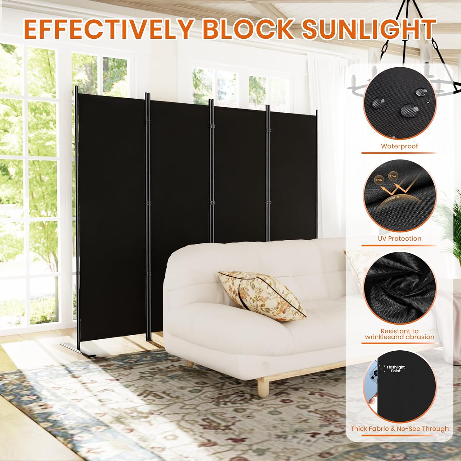 SUNALLY Room Divider 6FT Folding Privacy Screens, 4 Panel Fabric Divider for Room Separation, 88" W Freestanding Portable Wall Dividers Screen for Home Dorm Studio Office, Black