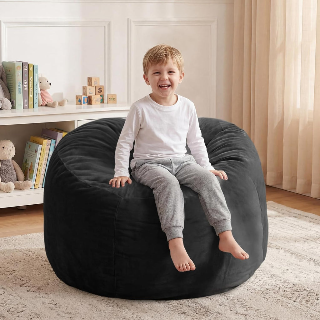 Magic in House 3FT Bean Bag Chair - BeanBag Chairs with Filler, Large Round Fluffy Sofa for Adults, Removable Machine-Washable Flannel Cover, for Living Room & Bedroom - Black(35"x35"x25")