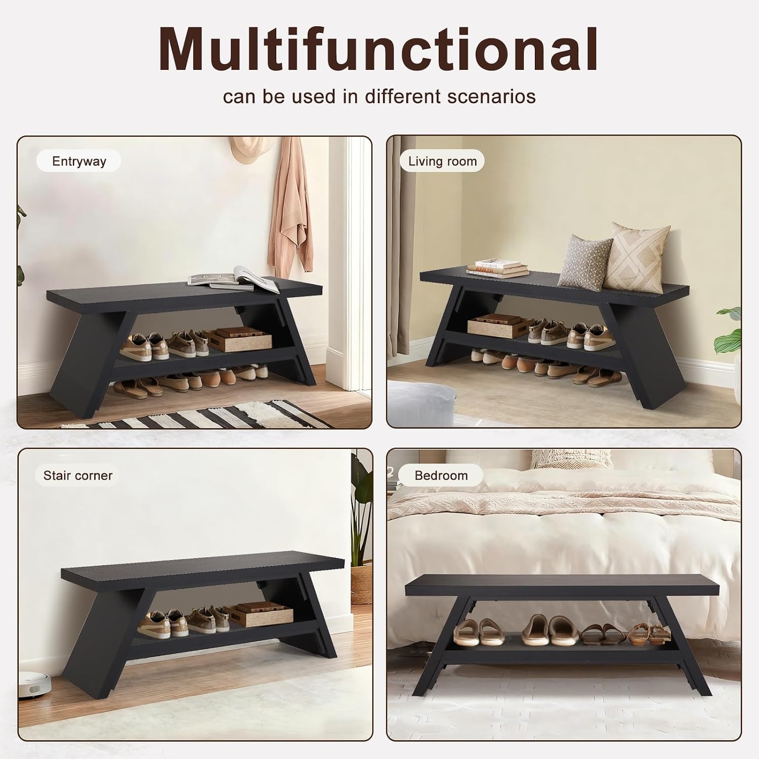 2-Tier Shoe Bench,Entryway Shoe Storage Bench,Modern Narrow Bench for Entryway, Kitchen, Bedroom, Dining（Black）