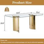 63 inch Glass Dining Table for 6,0.39 in Thick Glass Top with Gold Stainless Steel Pedestal Dining Room Table