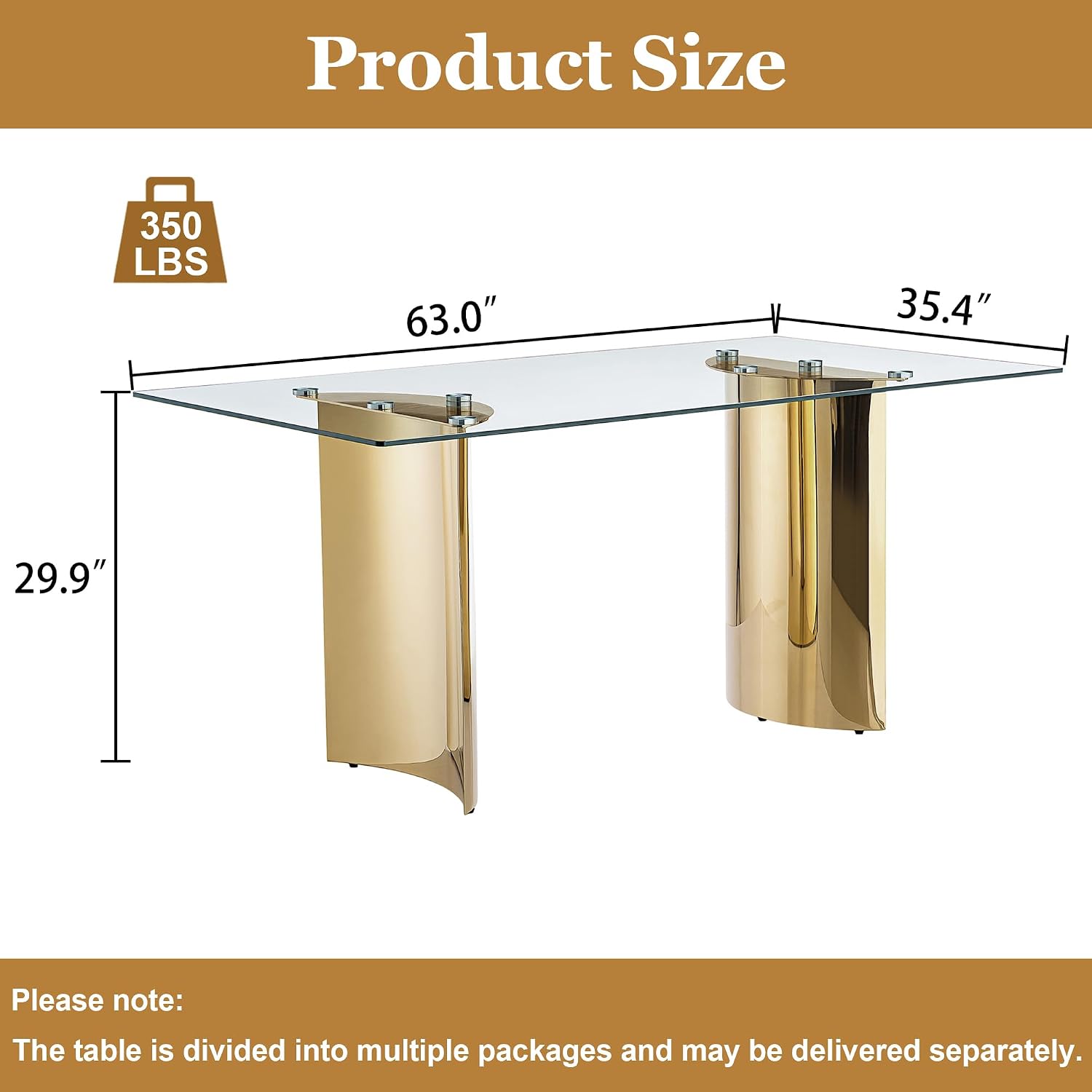 63 inch Glass Dining Table for 6,0.39 in Thick Glass Top with Gold Stainless Steel Pedestal Dining Room Table