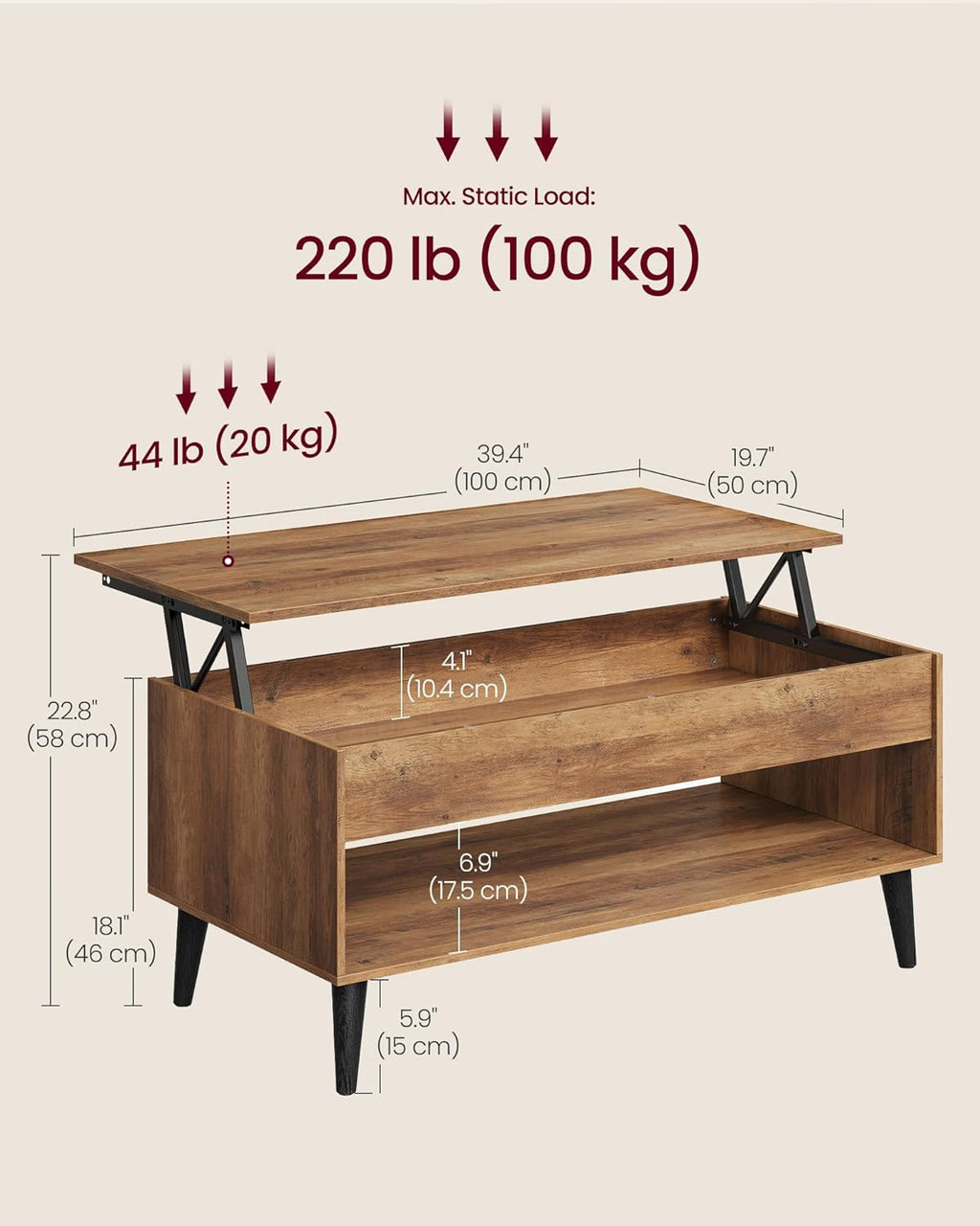 VASAGLE Lift Top Coffee Table, Lift Tabletop Dining Table, Gas Spring, Hidden Compartment, Open Storage Shelf, for Living Room, Home Office, Honey Brown ULCT268KB01S