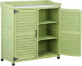 Outdoor Storage Cabinet & Potting Bench Table with Metal Work Top, Vented Louvered Doors, Wooden Patio Furniture, Garden Workstation, Green, 36x31x17in