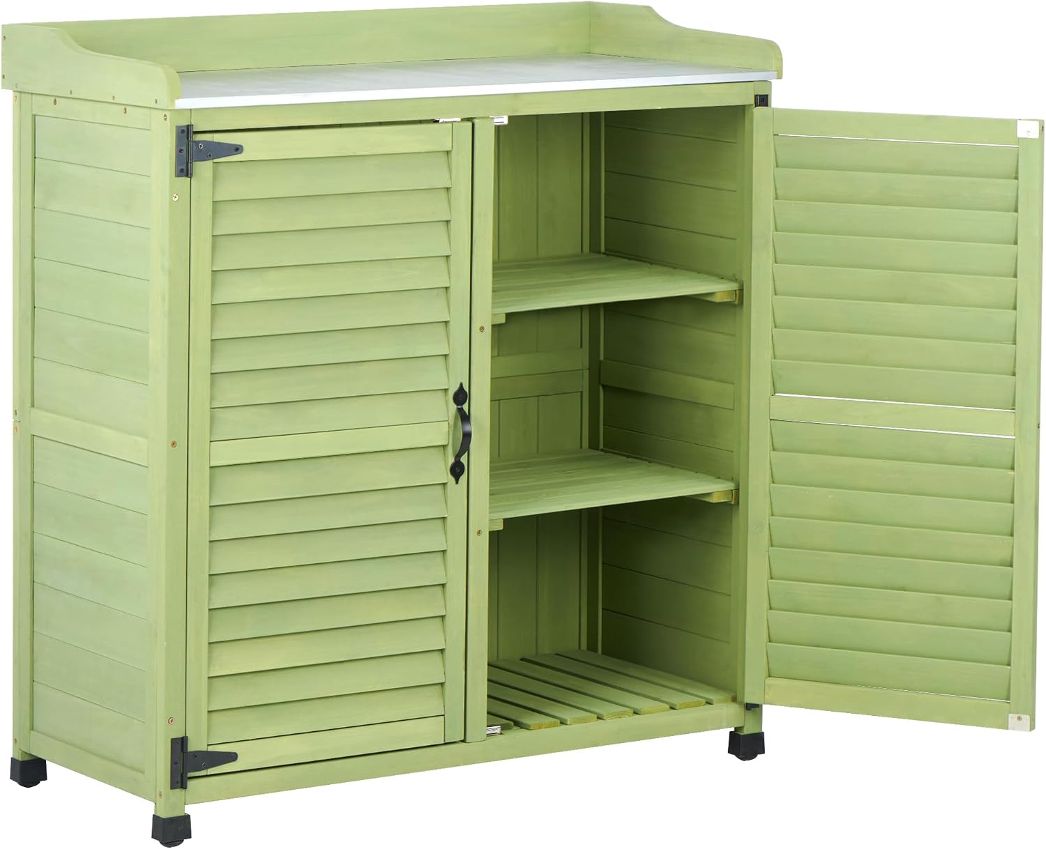 Outdoor Storage Cabinet & Potting Bench Table with Metal Work Top, Vented Louvered Doors, Wooden Patio Furniture, Garden Workstation, Green, 36x31x17in