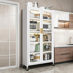Kitchen Pantry Storage Cabinet, White 6 Tier Metal Display Cabinet with Transparent Double Doors, Adjustable Shelves & 360° Lockable Wheels, Easy Assembly, 65.16" W×23.62" D×15.75" H