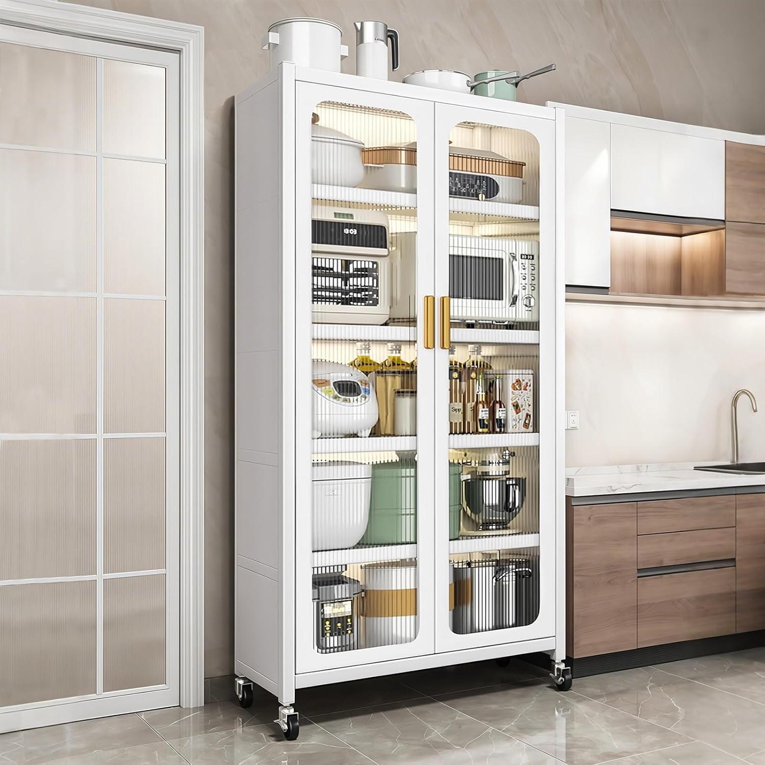 Kitchen Pantry Storage Cabinet, White 6 Tier Metal Display Cabinet with Transparent Double Doors, Adjustable Shelves & 360° Lockable Wheels, Easy Assembly, 65.16" W×23.62" D×15.75" H