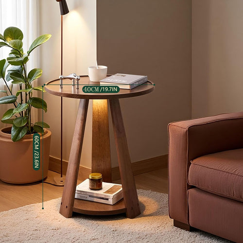 100% Solid Wood Round End Table, 2-Tier Side Table with Anti-Drop Tray Top, Sturdy Accent Nightstand for Living Room, Bedroom & Small Spaces, Space Saving Home Decor