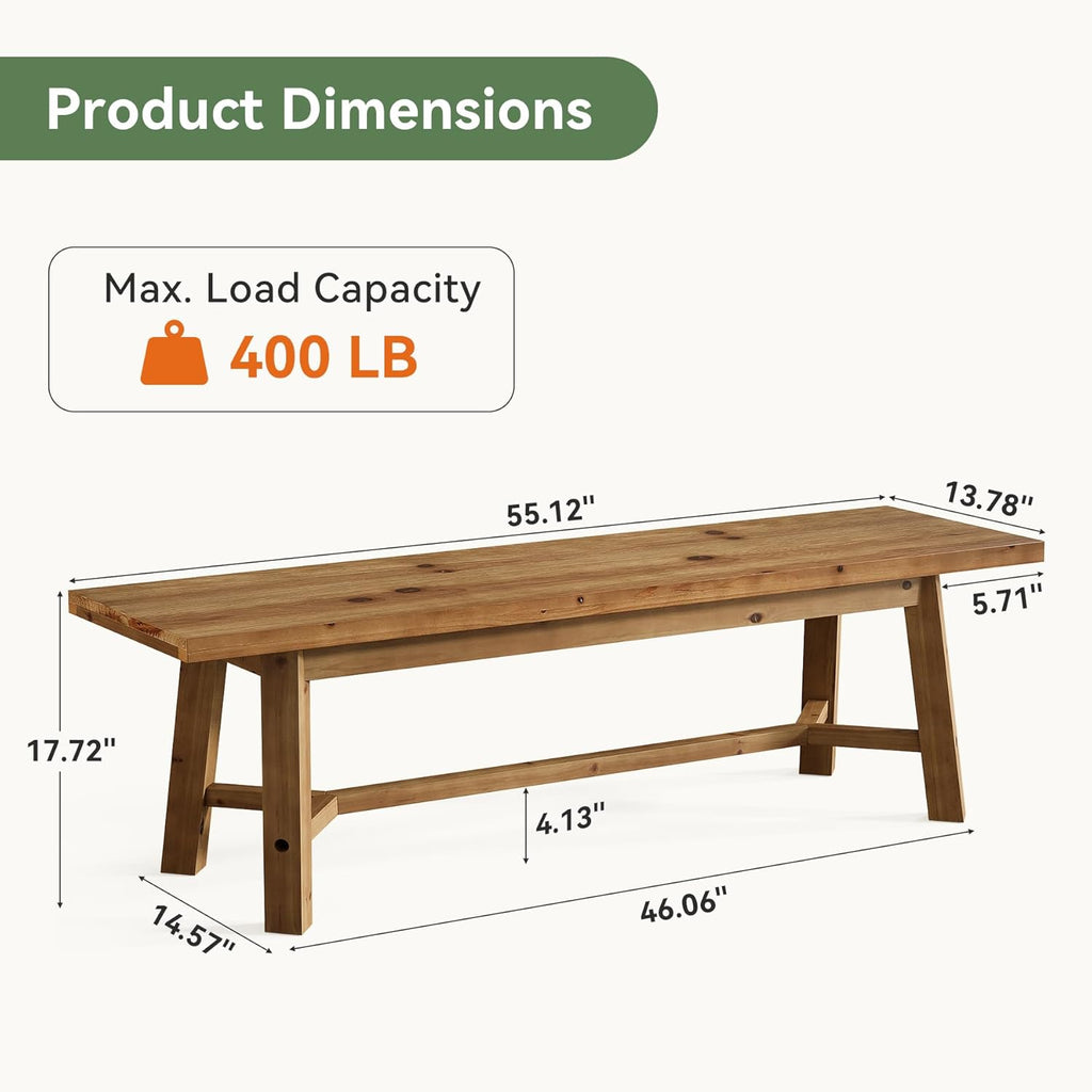 55" Solid Wood Bench, Farmhouse Long Bench Seat for Entryway, Dining Room, Living Room, Solid Wood, Rustic Brown