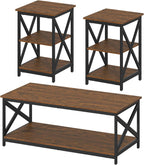 Bigbiglife Living Room Coffee Table Set of 3, Industrial X-Design Coffee Table and 2 End Side Tables, 3 Piece Living Room Table Set with Large Storage for Apartment Home (Rustic Brown)