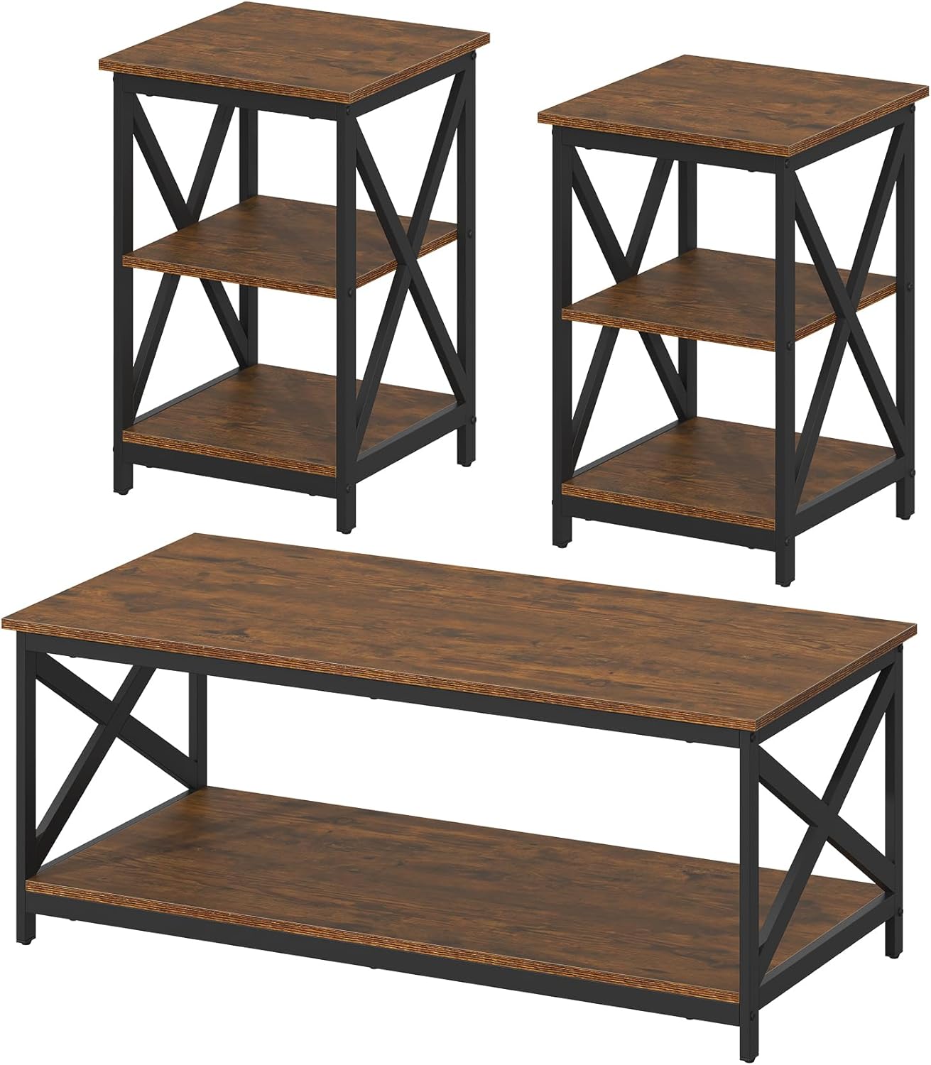 Bigbiglife Living Room Coffee Table Set of 3, Industrial X-Design Coffee Table and 2 End Side Tables, 3 Piece Living Room Table Set with Large Storage for Apartment Home (Rustic Brown)