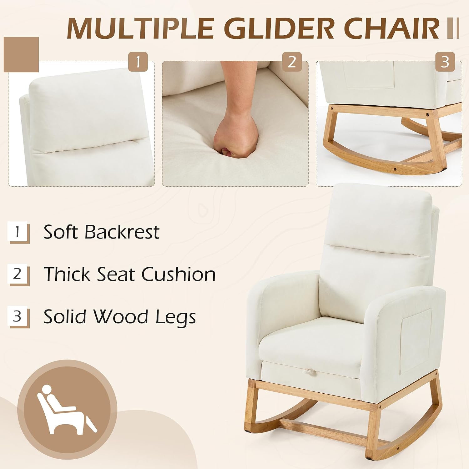AVAWING Nursery Rocking Chair with Footrest,Upholstered, Side Pocket,Beige