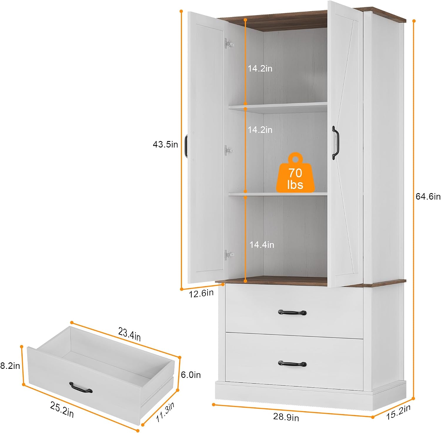 White Kitchen Pantry Cabinet with 2 Drawers, Farmhouse Tall Storage Cabinet, Wood Food Pantry with Barn Doors and Adjustable Shelves Versatile Storage Freestanding Cupboard for Kitchen